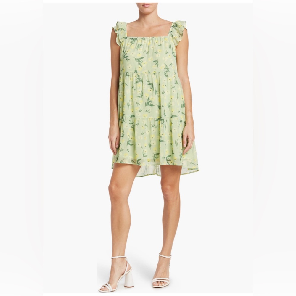 EUC 19 Cooper Floral Green Lined Ruffle Hem Retro Flowy Baby Doll Dress